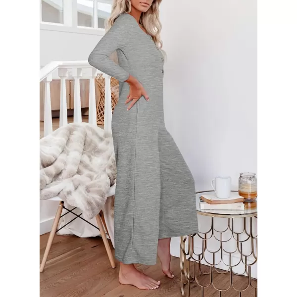 Happy Sailed Women's Long Sleeve Waffle Knit Jumpsuits Front Button Wide Leg Long Pants Romper Overalls with Pockets