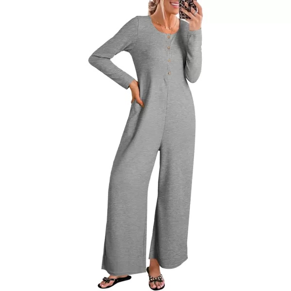 Happy Sailed Women's Long Sleeve Waffle Knit Jumpsuits Front Button Wide Leg Long Pants Romper Overalls with Pockets