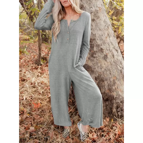 Happy Sailed Women's Long Sleeve Waffle Knit Jumpsuits Front Button Wide Leg Long Pants Romper Overalls with Pockets
