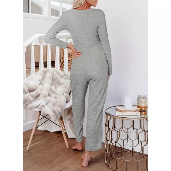 Happy Sailed Women's Long Sleeve Waffle Knit Jumpsuits Front Button Wide Leg Long Pants Romper Overalls with Pockets