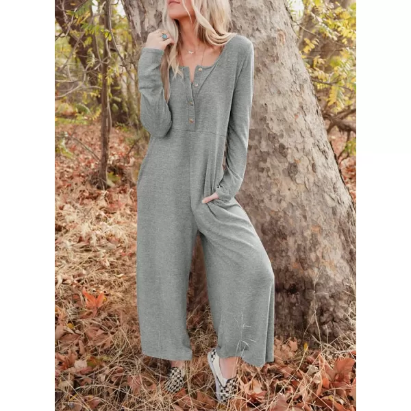 Happy Sailed Women's Long Sleeve Waffle Knit Jumpsuits Front Button Wide Leg Long Pants Romper Overalls with Pockets