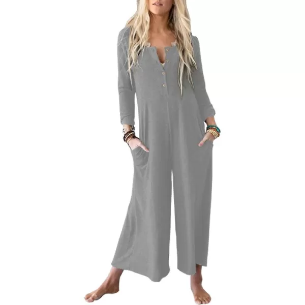 Happy Sailed Women's Long Sleeve Waffle Knit Jumpsuits Front Button Wide Leg Long Pants Romper Overalls with Pockets