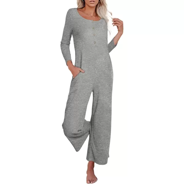 Happy Sailed Women's Long Sleeve Waffle Knit Jumpsuits Front Button Wide Leg Long Pants Romper Overalls with Pockets