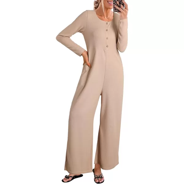 Happy Sailed Women's Long Sleeve Waffle Knit Jumpsuits Front Button Wide Leg Long Pants Romper Overalls with Pockets