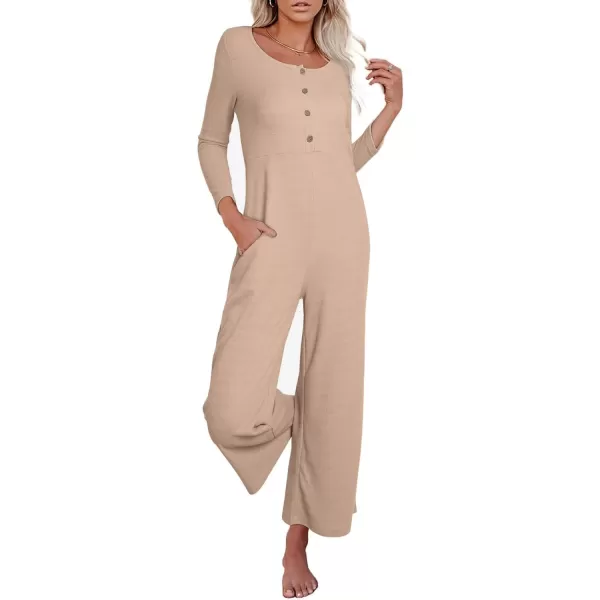 Happy Sailed Women's Long Sleeve Waffle Knit Jumpsuits Front Button Wide Leg Long Pants Romper Overalls with Pockets