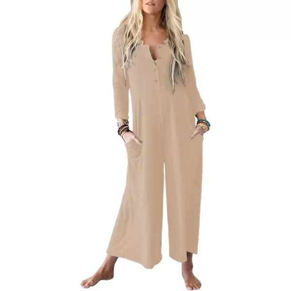 Happy Sailed Women's Long Sleeve Waffle Knit Jumpsuits Front Button Wide Leg Long Pants Romper Overalls with Pockets