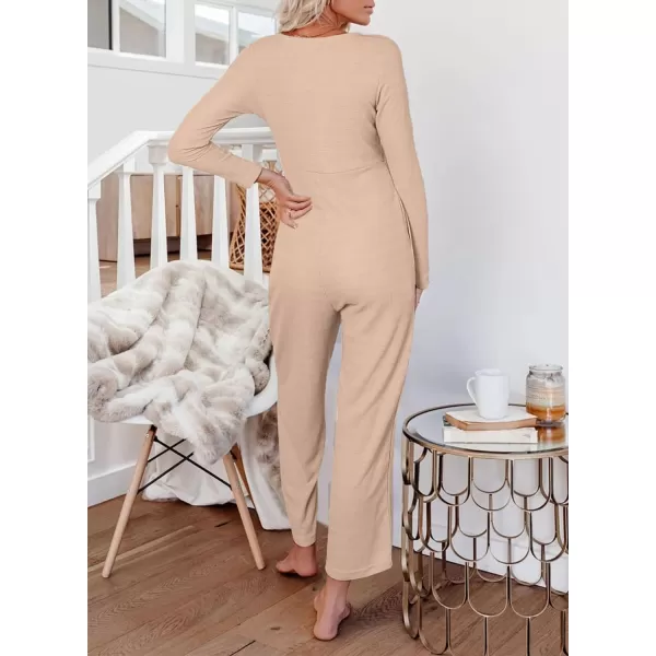 Happy Sailed Women's Long Sleeve Waffle Knit Jumpsuits Front Button Wide Leg Long Pants Romper Overalls with Pockets