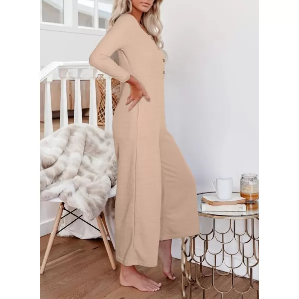 Happy Sailed Women's Long Sleeve Waffle Knit Jumpsuits Front Button Wide Leg Long Pants Romper Overalls with Pockets