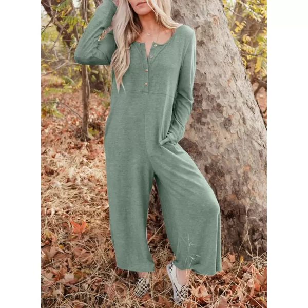 Happy Sailed Women's Long Sleeve Waffle Knit Jumpsuits Front Button Wide Leg Long Pants Romper Overalls with Pockets