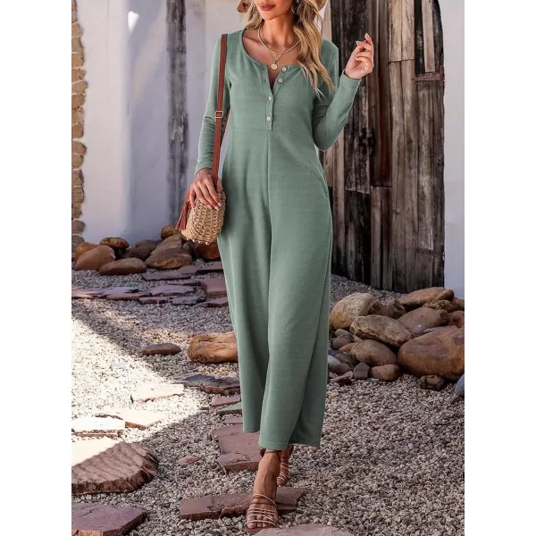 Happy Sailed Women's Long Sleeve Waffle Knit Jumpsuits Front Button Wide Leg Long Pants Romper Overalls with Pockets