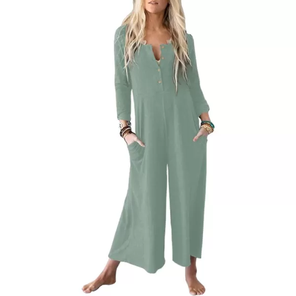 Happy Sailed Women's Long Sleeve Waffle Knit Jumpsuits Front Button Wide Leg Long Pants Romper Overalls with Pockets