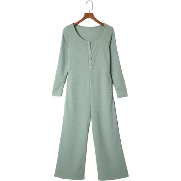 Happy Sailed Women's Long Sleeve Waffle Knit Jumpsuits Front Button Wide Leg Long Pants Romper Overalls with Pockets