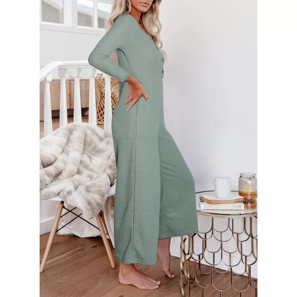 Happy Sailed Women's Long Sleeve Waffle Knit Jumpsuits Front Button Wide Leg Long Pants Romper Overalls with Pockets