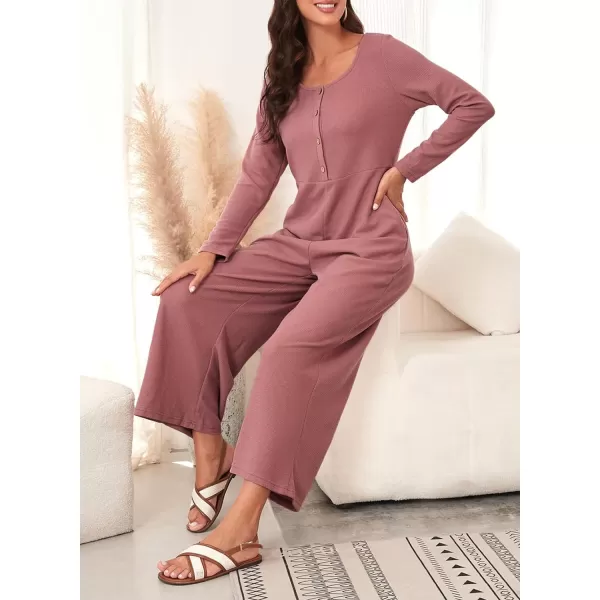 Happy Sailed Women's Long Sleeve Waffle Knit Jumpsuits Front Button Wide Leg Long Pants Romper Overalls with Pockets