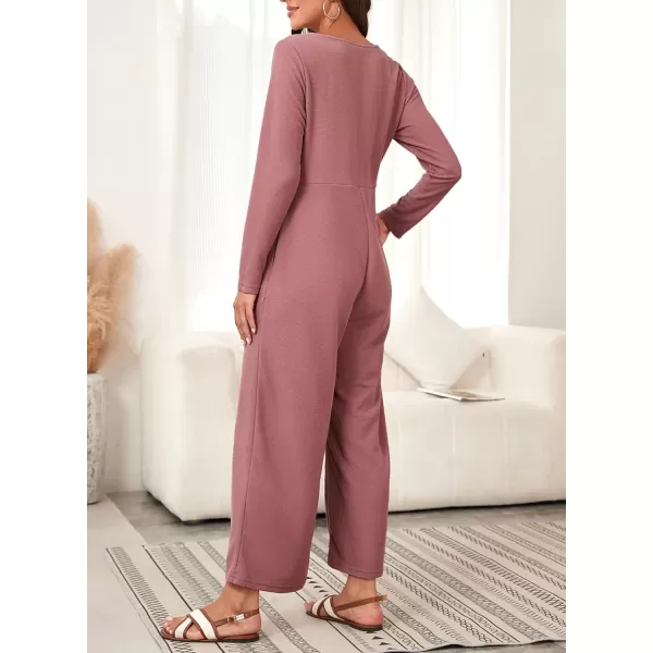 Happy Sailed Women's Long Sleeve Waffle Knit Jumpsuits Front Button Wide Leg Long Pants Romper Overalls with Pockets