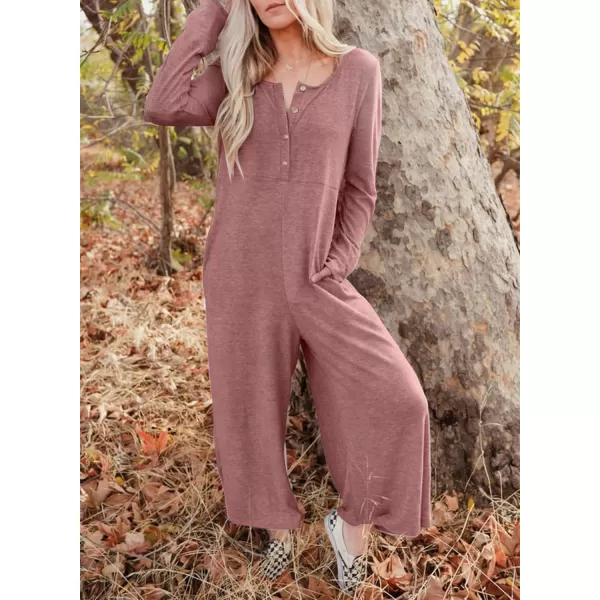 Happy Sailed Women's Long Sleeve Waffle Knit Jumpsuits Front Button Wide Leg Long Pants Romper Overalls with Pockets