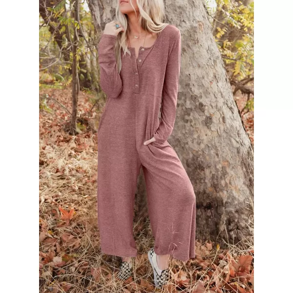 Happy Sailed Women's Long Sleeve Waffle Knit Jumpsuits Front Button Wide Leg Long Pants Romper Overalls with Pockets