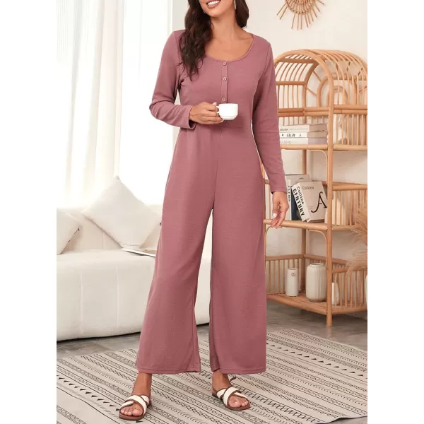 Happy Sailed Women's Long Sleeve Waffle Knit Jumpsuits Front Button Wide Leg Long Pants Romper Overalls with Pockets