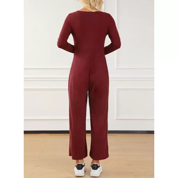 Happy Sailed Women's Long Sleeve Waffle Knit Jumpsuits Front Button Wide Leg Long Pants Romper Overalls with Pockets
