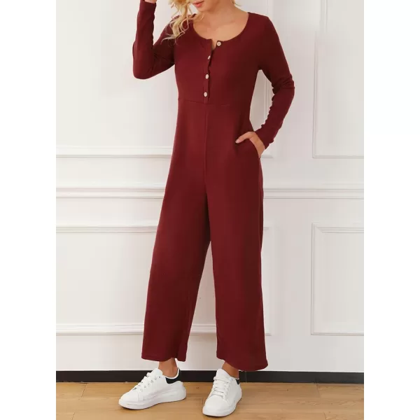 Happy Sailed Women's Long Sleeve Waffle Knit Jumpsuits Front Button Wide Leg Long Pants Romper Overalls with Pockets