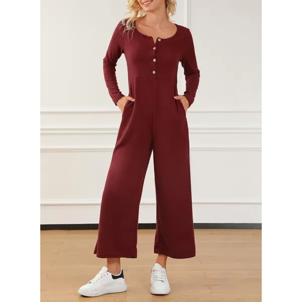 Happy Sailed Women's Long Sleeve Waffle Knit Jumpsuits Front Button Wide Leg Long Pants Romper Overalls with Pockets