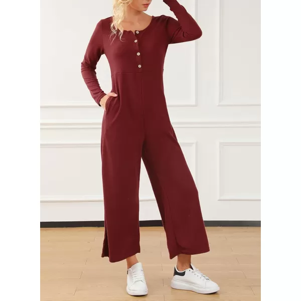 Happy Sailed Women's Long Sleeve Waffle Knit Jumpsuits Front Button Wide Leg Long Pants Romper Overalls with Pockets