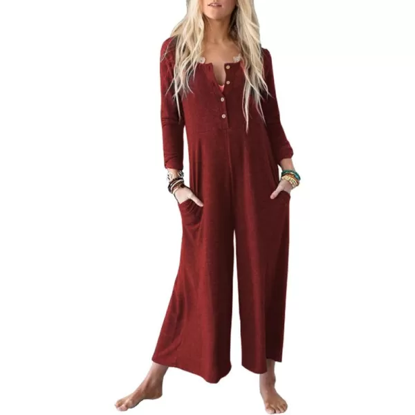 Happy Sailed Women's Long Sleeve Waffle Knit Jumpsuits Front Button Wide Leg Long Pants Romper Overalls with Pockets