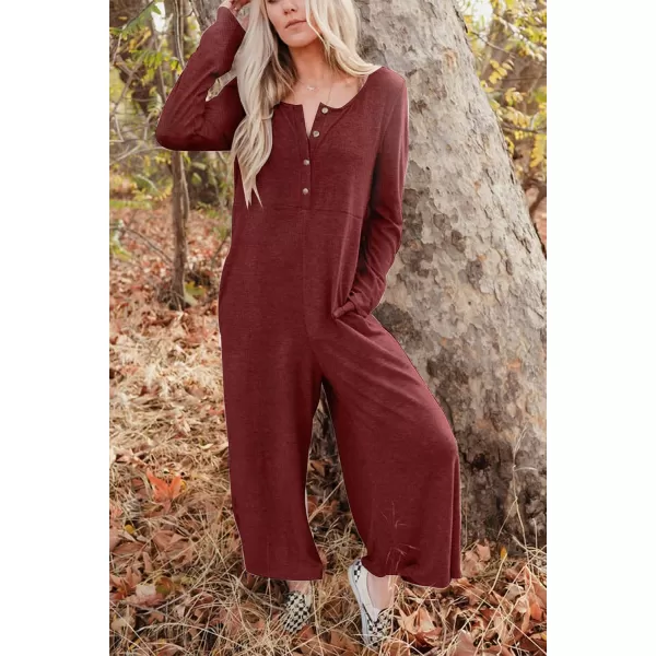 Happy Sailed Women's Long Sleeve Waffle Knit Jumpsuits Front Button Wide Leg Long Pants Romper Overalls with Pockets