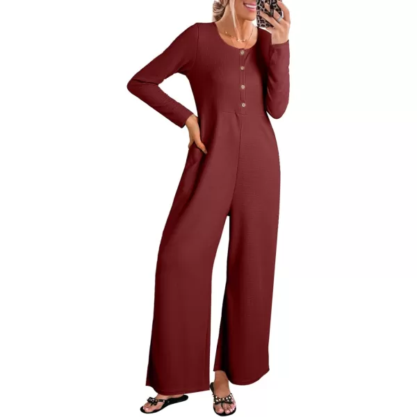 Happy Sailed Women's Long Sleeve Waffle Knit Jumpsuits Front Button Wide Leg Long Pants Romper Overalls with Pockets