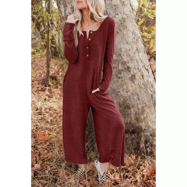 Happy Sailed Women's Long Sleeve Waffle Knit Jumpsuits Front Button Wide Leg Long Pants Romper Overalls with Pockets