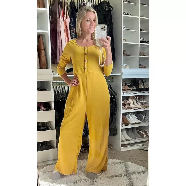 Happy Sailed Women's Long Sleeve Waffle Knit Jumpsuits Front Button Wide Leg Long Pants Romper Overalls with Pockets