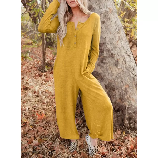 Happy Sailed Women's Long Sleeve Waffle Knit Jumpsuits Front Button Wide Leg Long Pants Romper Overalls with Pockets