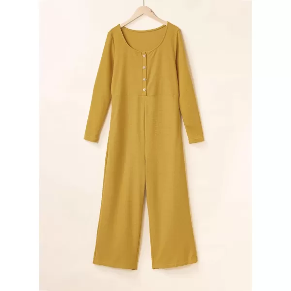 Happy Sailed Women's Long Sleeve Waffle Knit Jumpsuits Front Button Wide Leg Long Pants Romper Overalls with Pockets