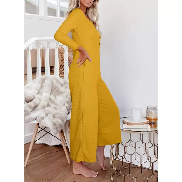Happy Sailed Women's Long Sleeve Waffle Knit Jumpsuits Front Button Wide Leg Long Pants Romper Overalls with Pockets