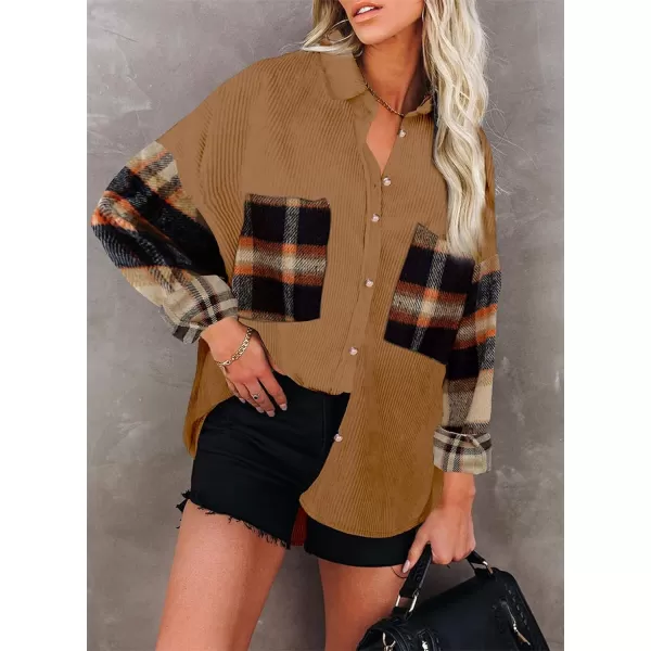 Happy Sailed Womens Oversized Patchwork Boyfriend Style Corduroy Shirts Casual Button Down Long Sleeve Blouses Jacket Tops