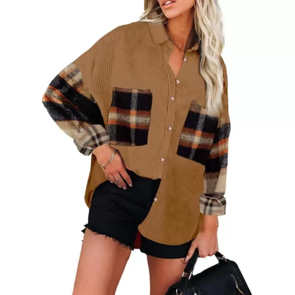 Happy Sailed Womens Oversized Patchwork Boyfriend Style Corduroy Shirts Casual Button Down Long Sleeve Blouses Jacket Tops