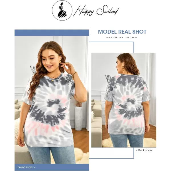 Happy Sailed Womens Plus Size Tie Dye Printed Crew Neck Short Sleeve Casual Tunic Blouse Tops,1X Gray