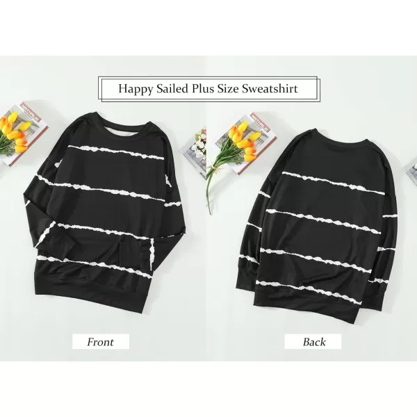 Happy Sailed Womens Plus Size Tie Dye Sweatshirt Casual Long Sleeve Crew Neck Striped Pullover Tops,3X Black