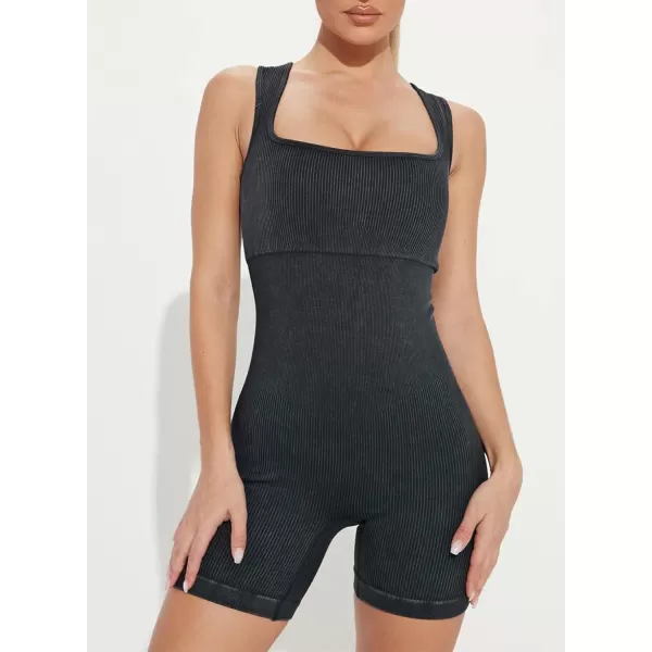 Happy Sailed Womens Rompers Summer Sleeveless Square Neck Racerback Ribbed One Piece Tummy Control Bodycon Short Jumpsuit