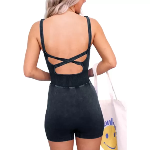 Happy Sailed Womens Rompers Summer Sleeveless Square Neck Racerback Ribbed One Piece Tummy Control Bodycon Short Jumpsuit