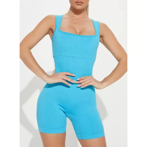Happy Sailed Womens Rompers Summer Sleeveless Square Neck Racerback Ribbed One Piece Tummy Control Bodycon Short Jumpsuit