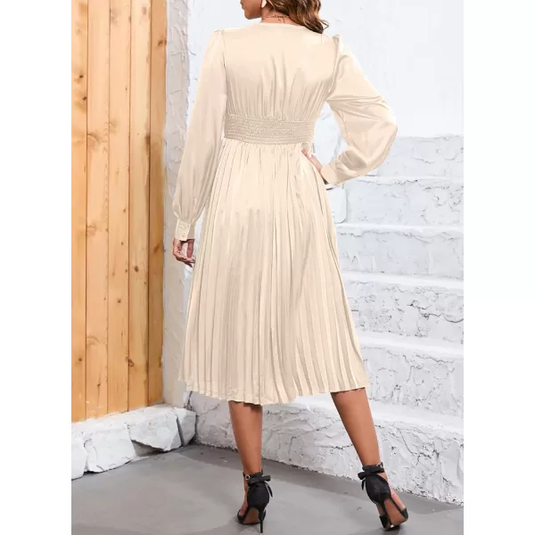 Happy Sailed Womens Satin Pleated Dresses Formal V Neck Long Sleeve Elastic Waist Midi Cocktail Party Dress for Wedding Guest
