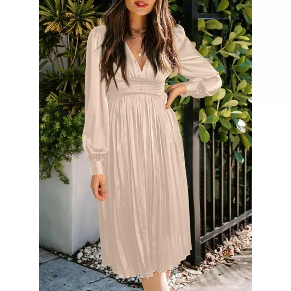 Happy Sailed Womens Satin Pleated Dresses Formal V Neck Long Sleeve Elastic Waist Midi Cocktail Party Dress for Wedding Guest