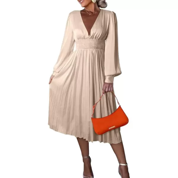 Happy Sailed Womens Satin Pleated Dresses Formal V Neck Long Sleeve Elastic Waist Midi Cocktail Party Dress for Wedding Guest