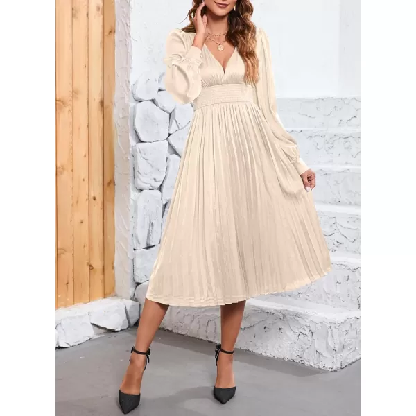 Happy Sailed Womens Satin Pleated Dresses Formal V Neck Long Sleeve Elastic Waist Midi Cocktail Party Dress for Wedding Guest