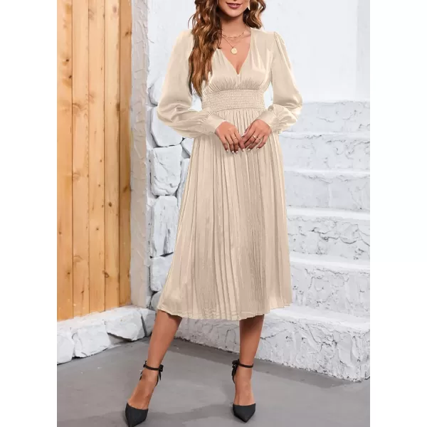 Happy Sailed Womens Satin Pleated Dresses Formal V Neck Long Sleeve Elastic Waist Midi Cocktail Party Dress for Wedding Guest