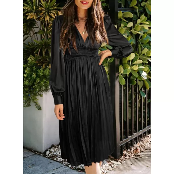 Happy Sailed Womens Satin Pleated Dresses Formal V Neck Long Sleeve Elastic Waist Midi Cocktail Party Dress for Wedding Guest
