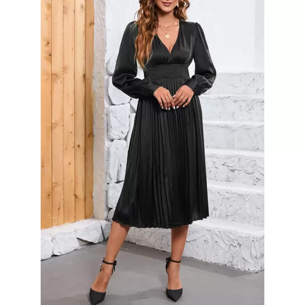 Happy Sailed Womens Satin Pleated Dresses Formal V Neck Long Sleeve Elastic Waist Midi Cocktail Party Dress for Wedding Guest
