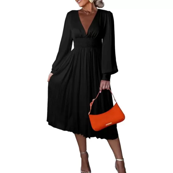Happy Sailed Womens Satin Pleated Dresses Formal V Neck Long Sleeve Elastic Waist Midi Cocktail Party Dress for Wedding Guest