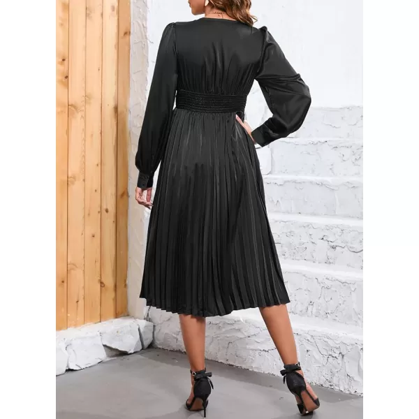 Happy Sailed Womens Satin Pleated Dresses Formal V Neck Long Sleeve Elastic Waist Midi Cocktail Party Dress for Wedding Guest